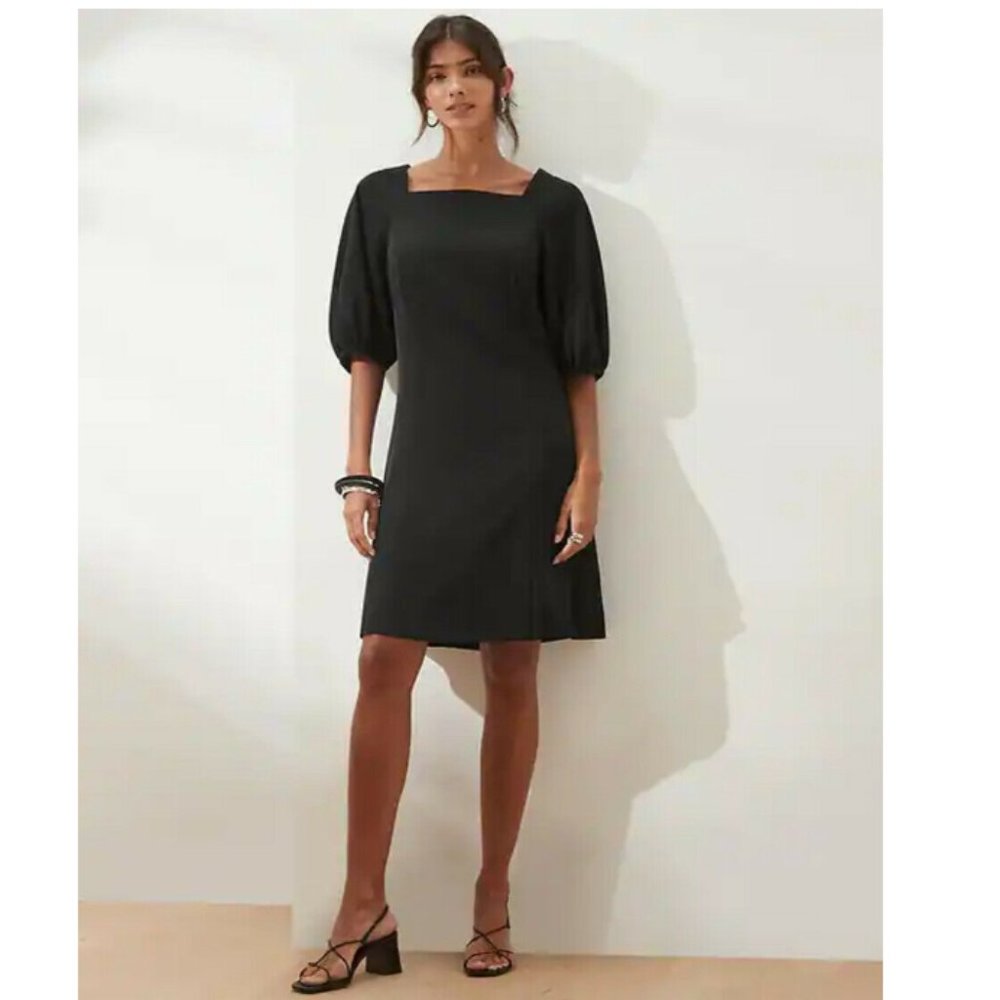 NWT Banana RepF Puff Sleeve Crepe Shift Dress M TALL 8 10 Black F615